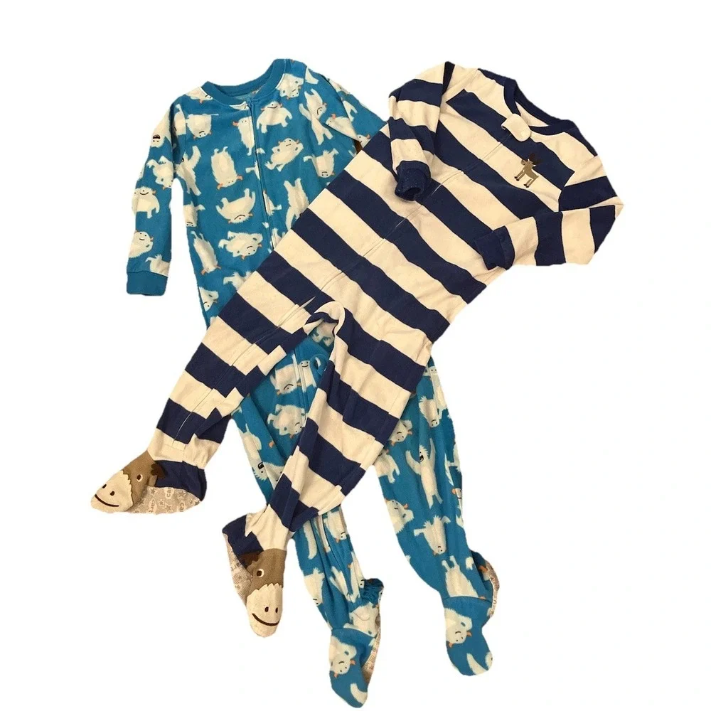 2 Carter's Pj's Boys Sz 4 Blue Polar Bear Moose Fleece Footie PJs